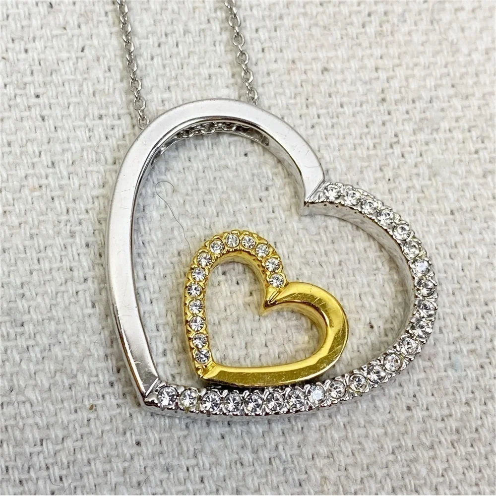 Two tone gold silver open double heart necklace with clear rhinestones